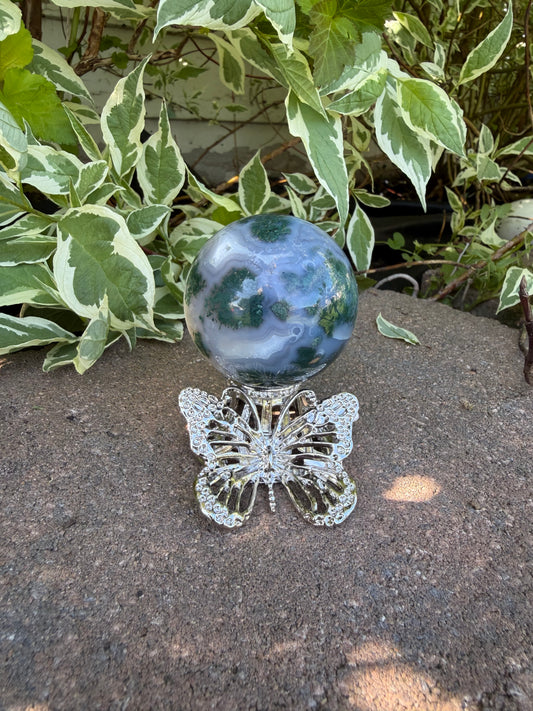 Moss Agate sphere on Butterfly Stand